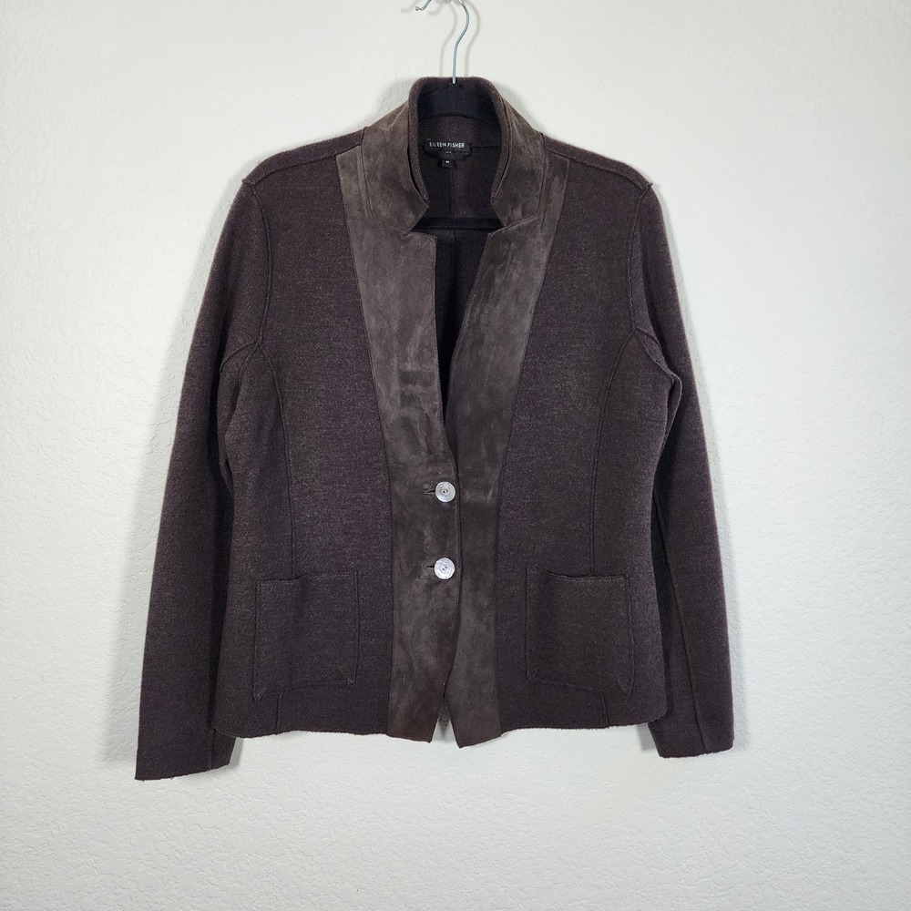 Eileen Fisher Wool Suede Felted Merino Wool Sweater Jacket M Brown Leather